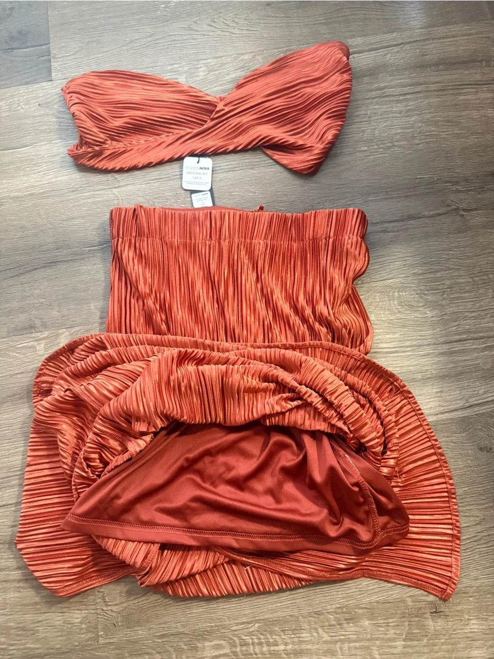 Fashion Nova Rust Pleated Bandeau Top Maxi Skirt Set